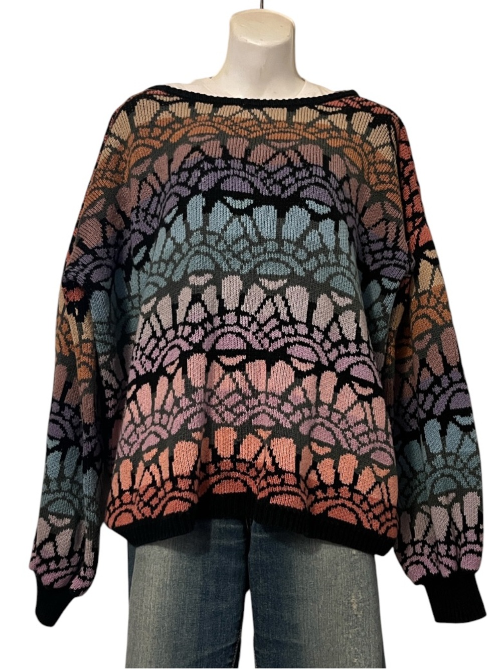 Kate Russell Vintage Tunic Long Sleeve Stain Glass Pattern Crewneck Sweater L-XL